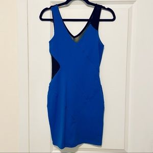 NWOT bebe Bodycon Blue Mini Dress with Mesh Accents XS